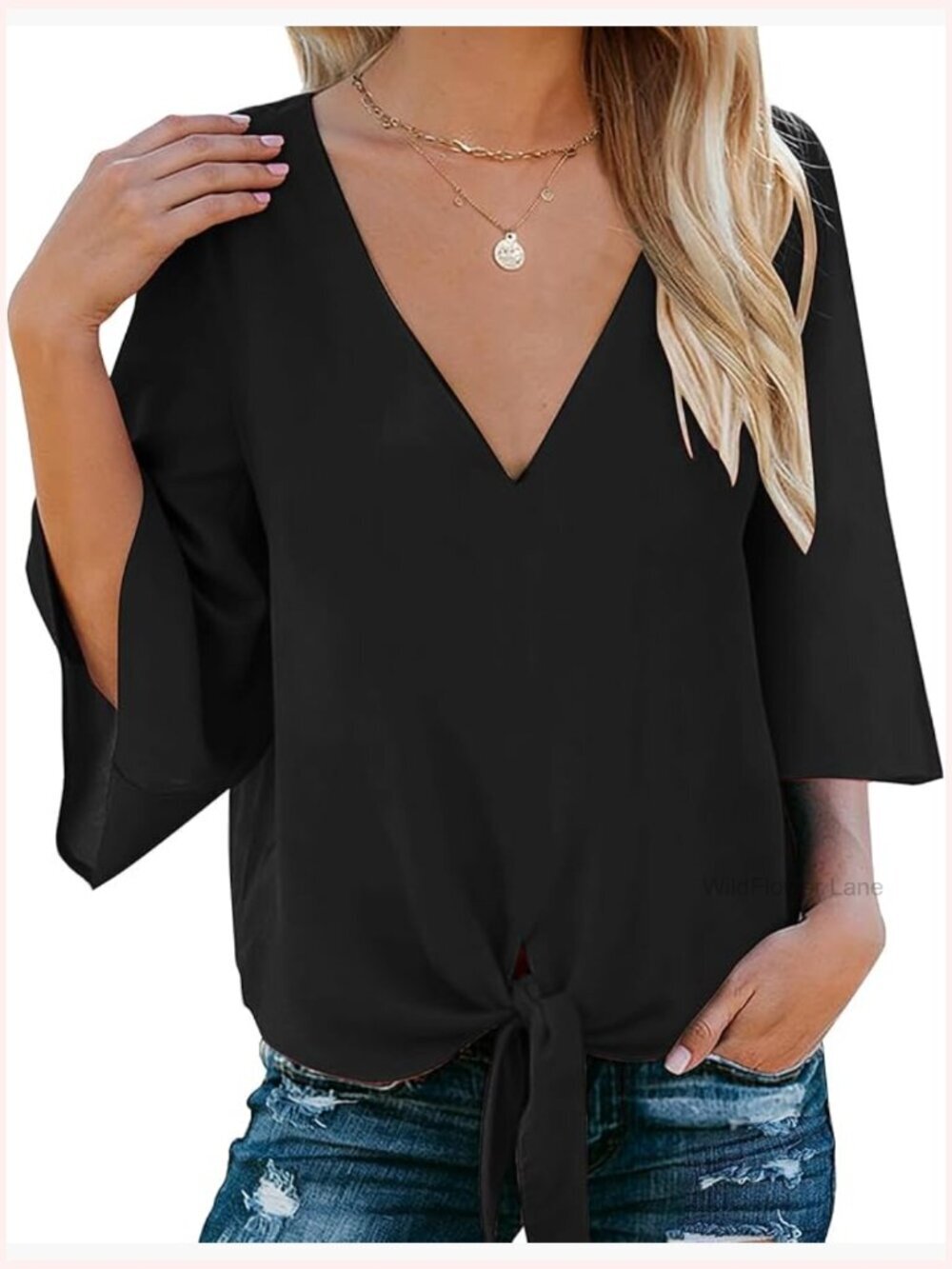Tie Front 3/4 Bell Sleeve V Neck Blouse Summer Chiffon Top